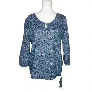 Lucky Brand Top boho blue Geometric 3/4 sleeve blouse women's small